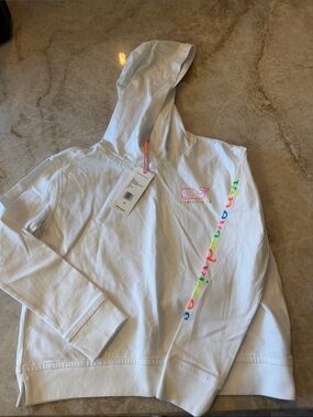 Vineyard Vines White Kids Hoodie with Neon Whale and Multicolor Sleeve